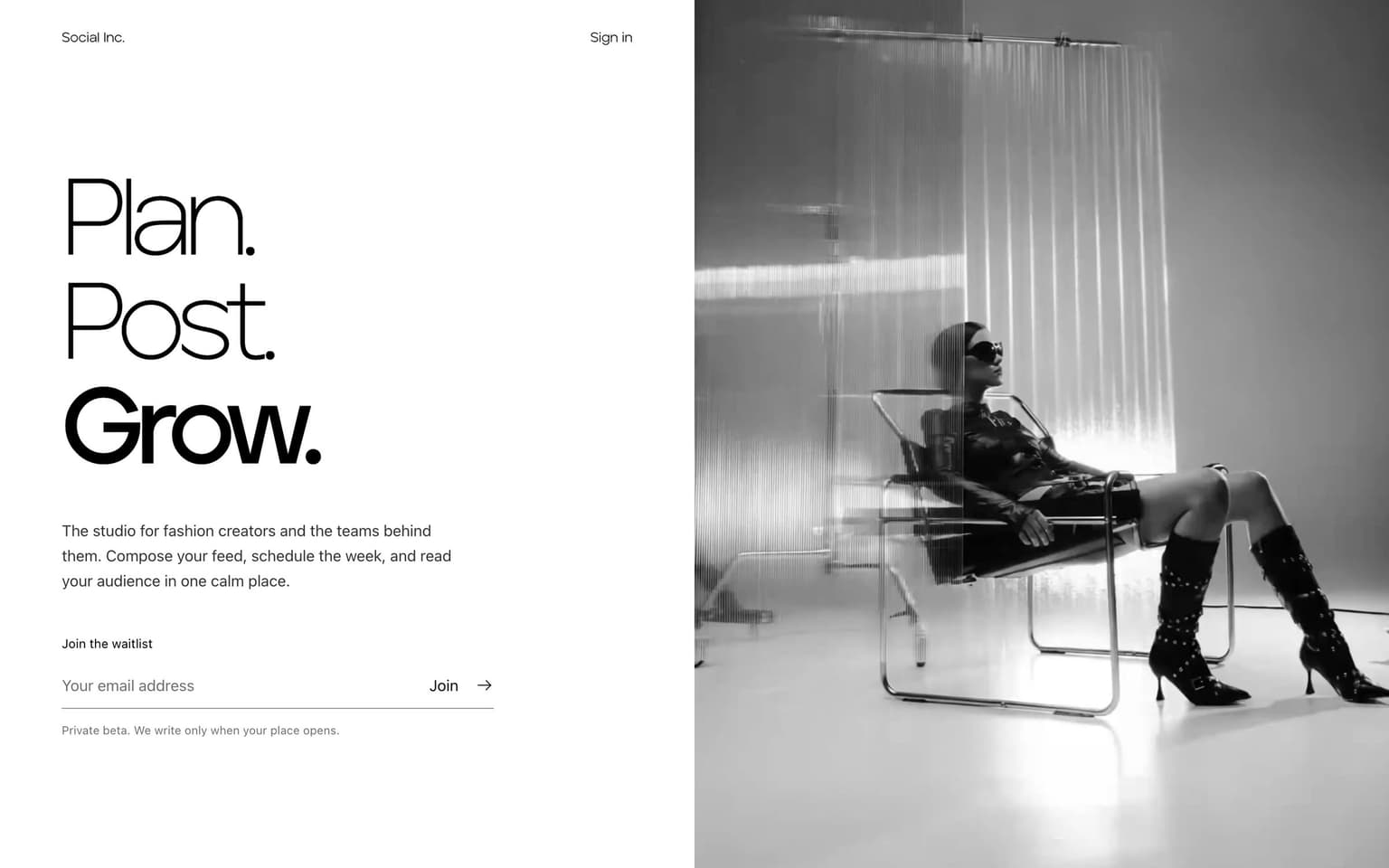 Social Inc. waitlist page: “Plan. Post. Grow.” and an email field beside a black-and-white studio photo