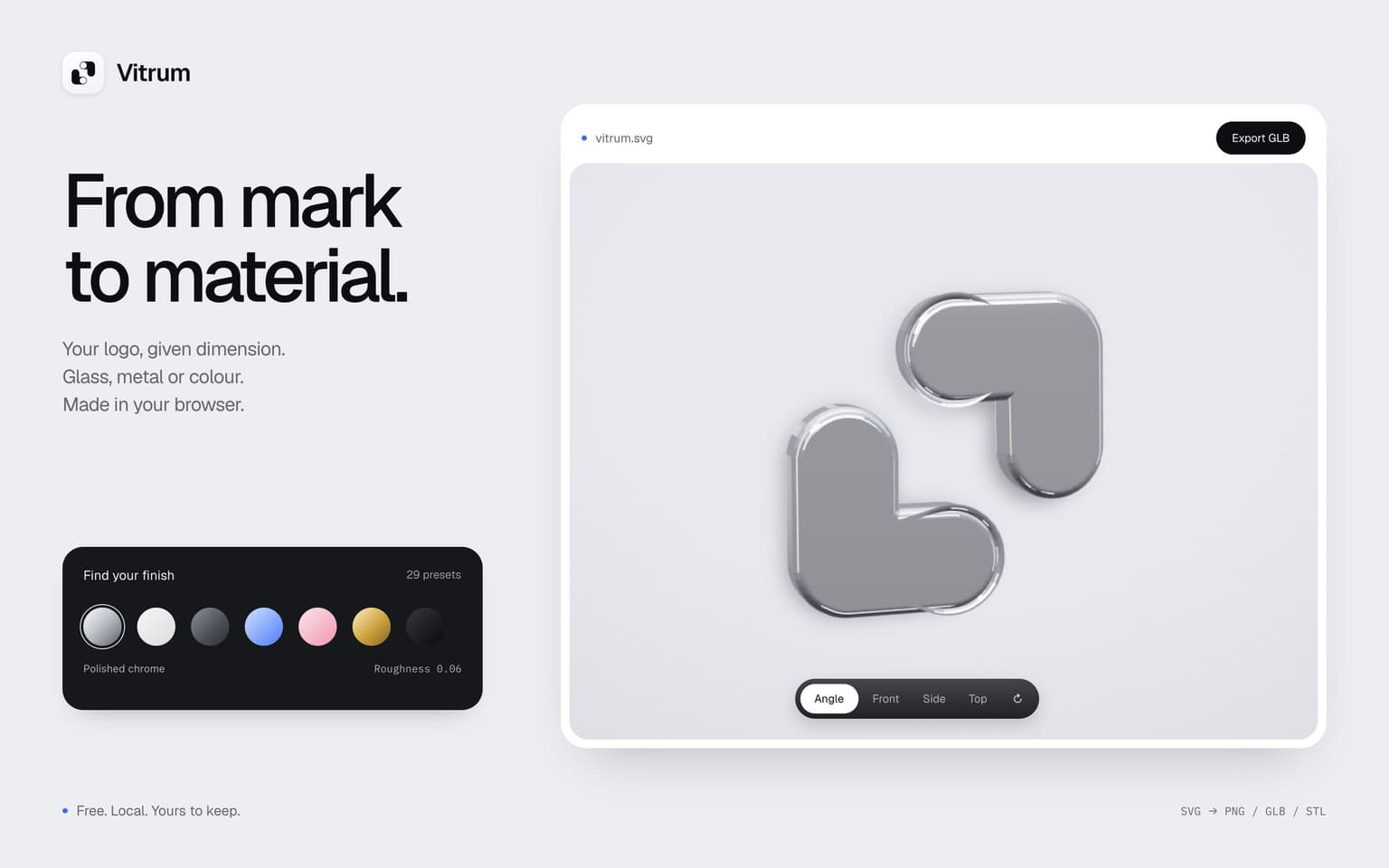 Vitrum: “From mark to material.” beside the editor, a chrome 3D mark and a row of finish presets